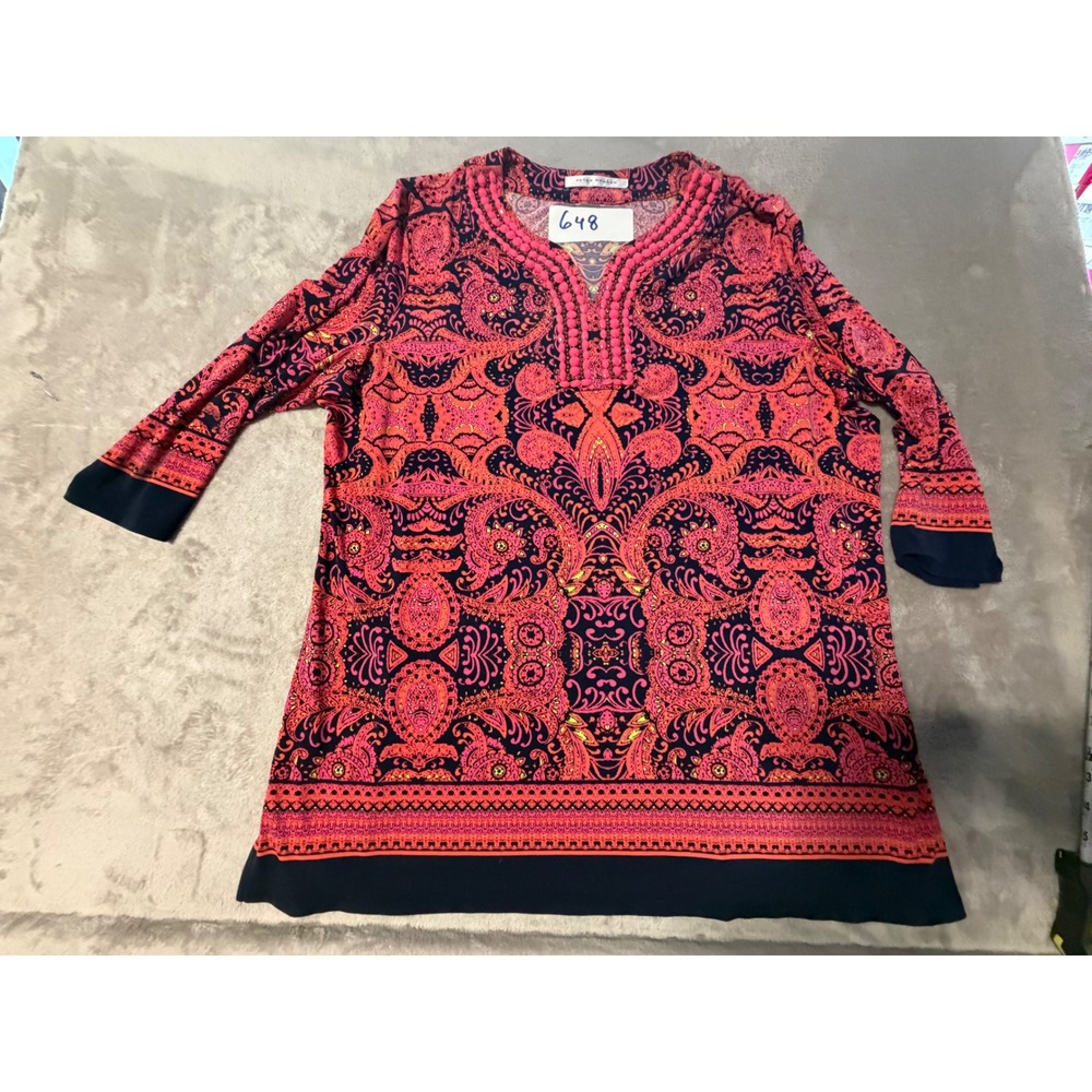 Peter Nygaard Tunic Women Medium Pink Navy Beaded Paisley 3/4 Sleeve